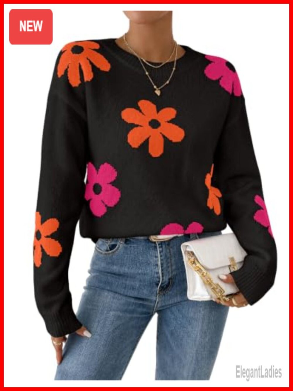 Womens Oversized Chunky Knit Floral Pullover Sweater Crewneck